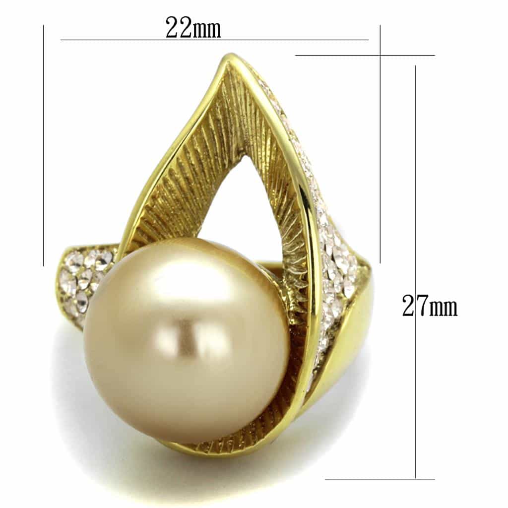Stainless Steel Gold IP Pearl Sunburst Ribbed CZ Accent Ring view 2