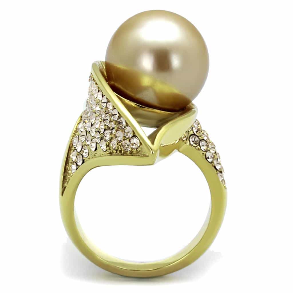 Stainless Steel Gold IP Pearl Sunburst Ribbed CZ Accent Ring view 9