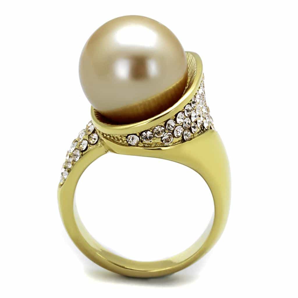 Stainless Steel Gold IP Pearl Sunburst Ribbed CZ Accent Ring view 4