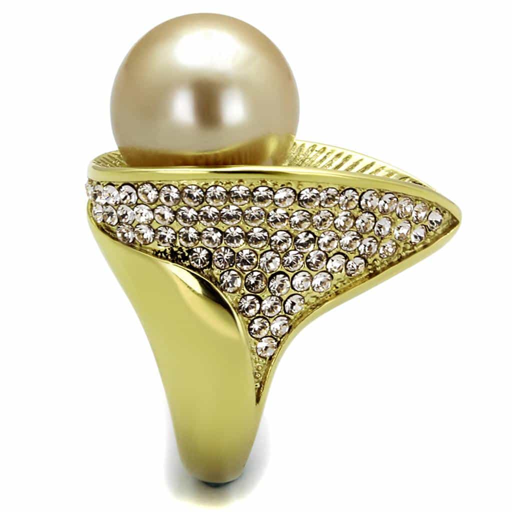 Stainless Steel Gold IP Pearl Sunburst Ribbed CZ Accent Ring view 11