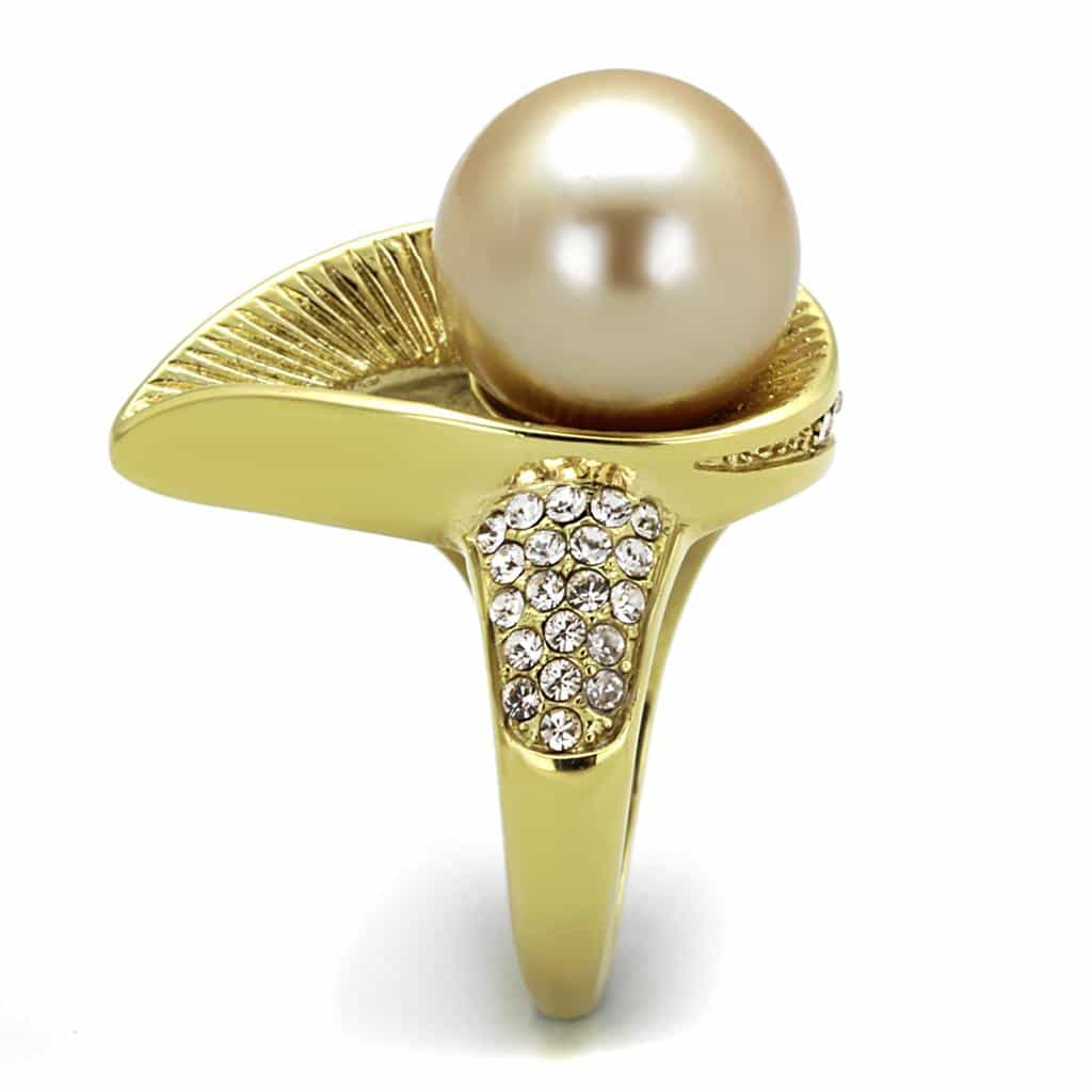 Stainless Steel Gold IP Pearl Sunburst Ribbed CZ Accent Ring view 12