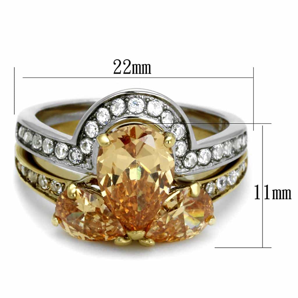 Stainless Steel Champagne CZ Pear Halo Two Tone Bridal Set Ring view 6