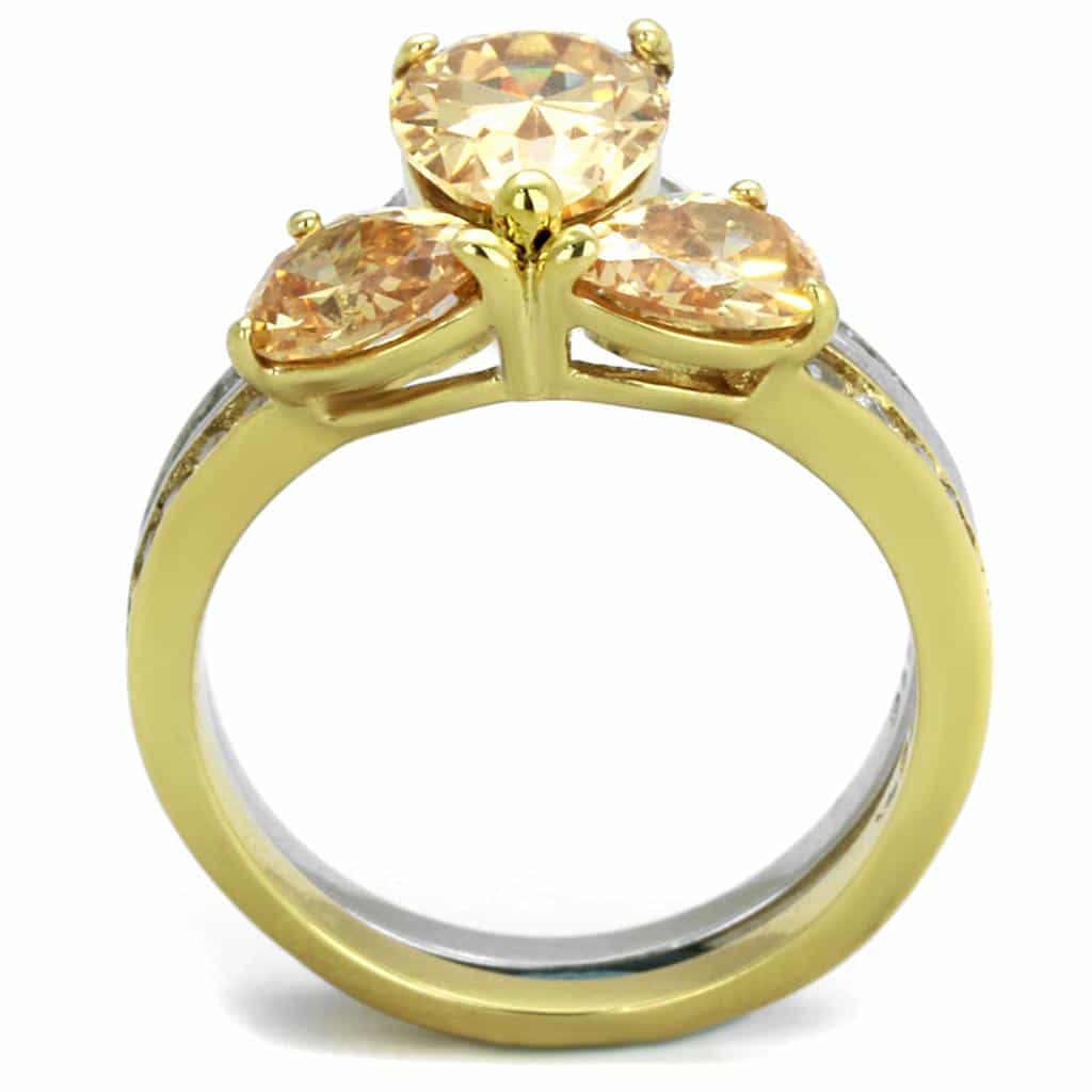 Stainless Steel Champagne CZ Pear Halo Two Tone Bridal Set Ring view 3