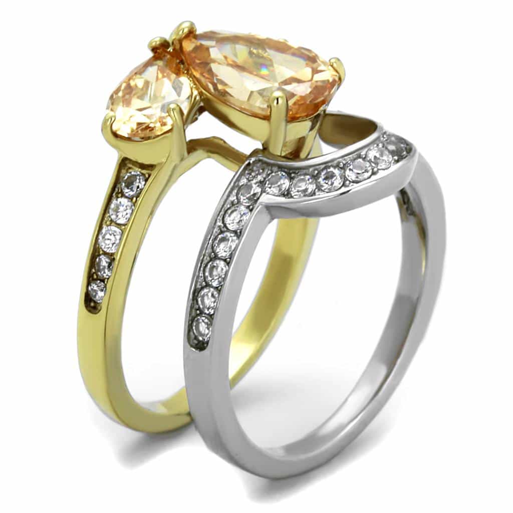 Stainless Steel Champagne CZ Pear Halo Two Tone Bridal Set Ring view 8