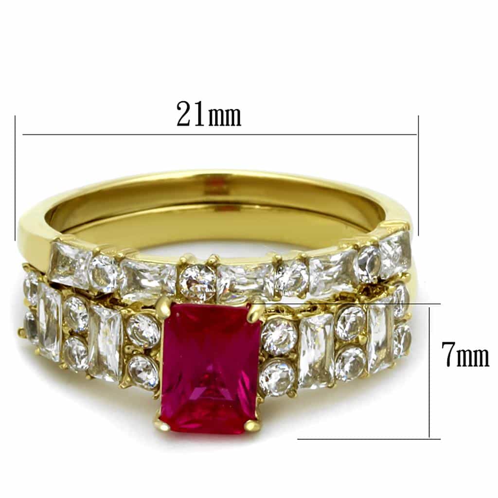 Stainless Steel Gold IP Ruby Emerald Cut CZ Baguette Sides Ring view 6