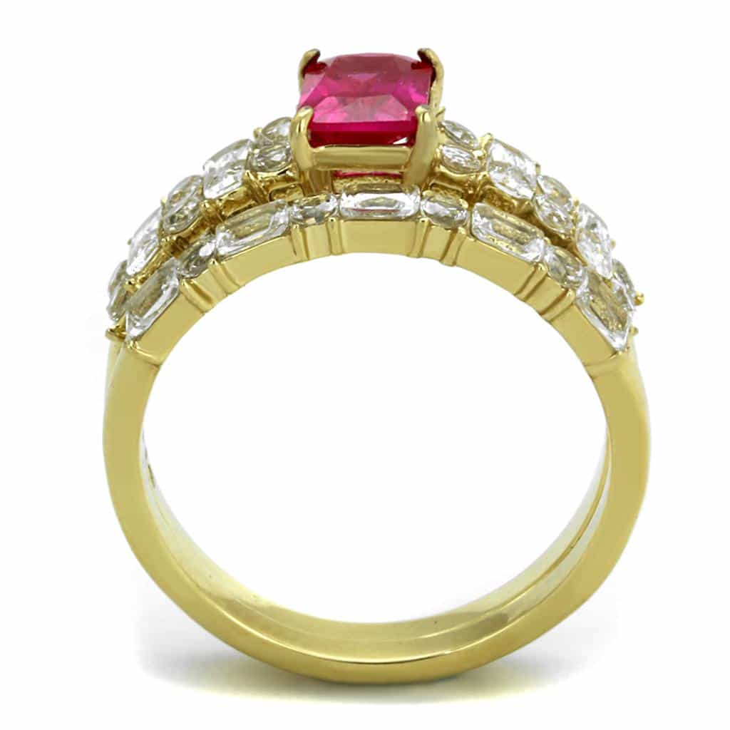 Stainless Steel Gold IP Ruby Emerald Cut CZ Baguette Sides Ring view 7