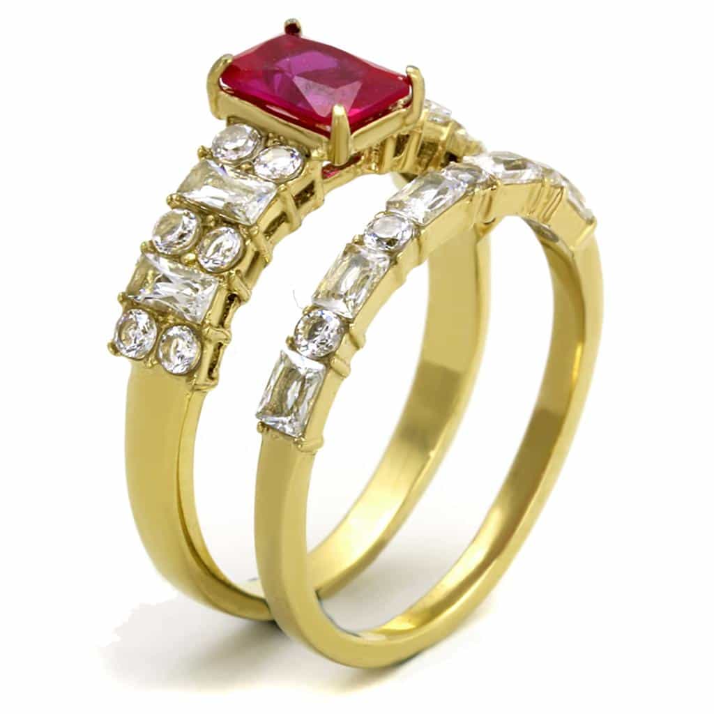 Stainless Steel Gold IP Ruby Emerald Cut CZ Baguette Sides Ring view 8