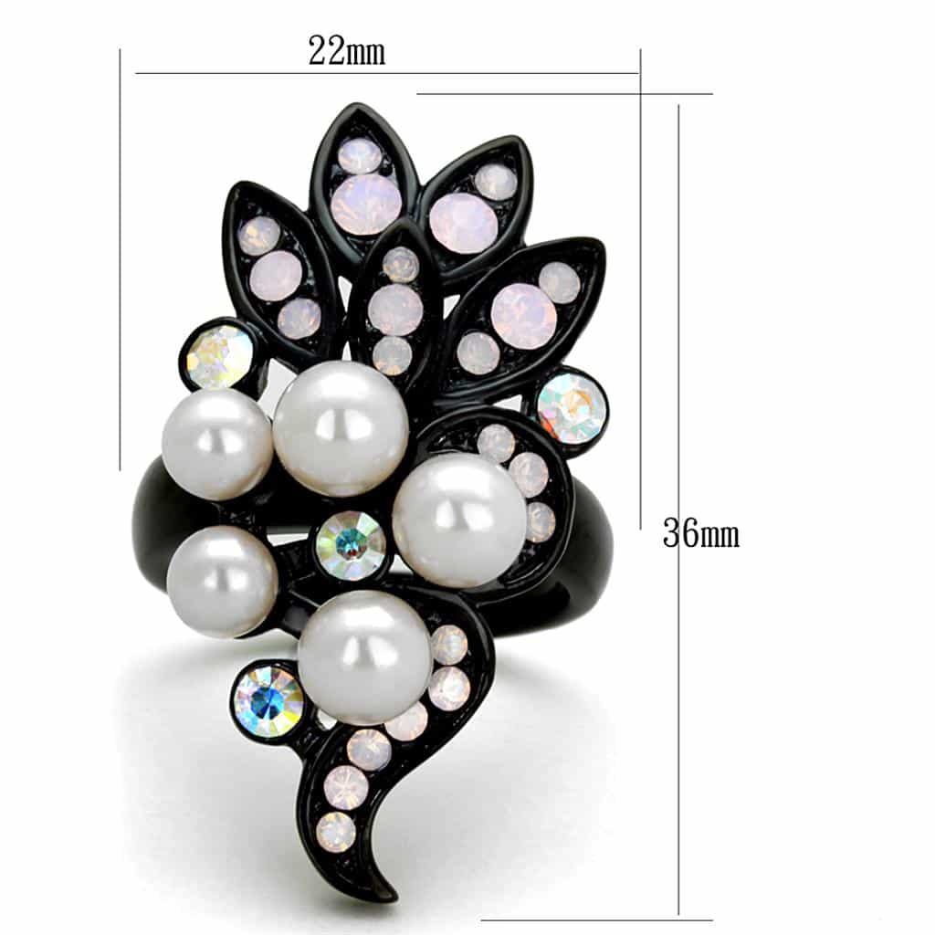 Stainless Steel Black IP Pearl Opal Leaf Cluster Ring view 6