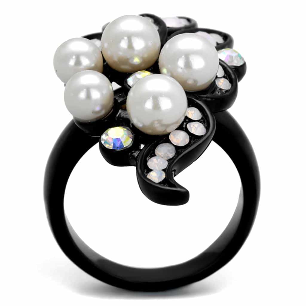 Stainless Steel Black IP Pearl Opal Leaf Cluster Ring view 7