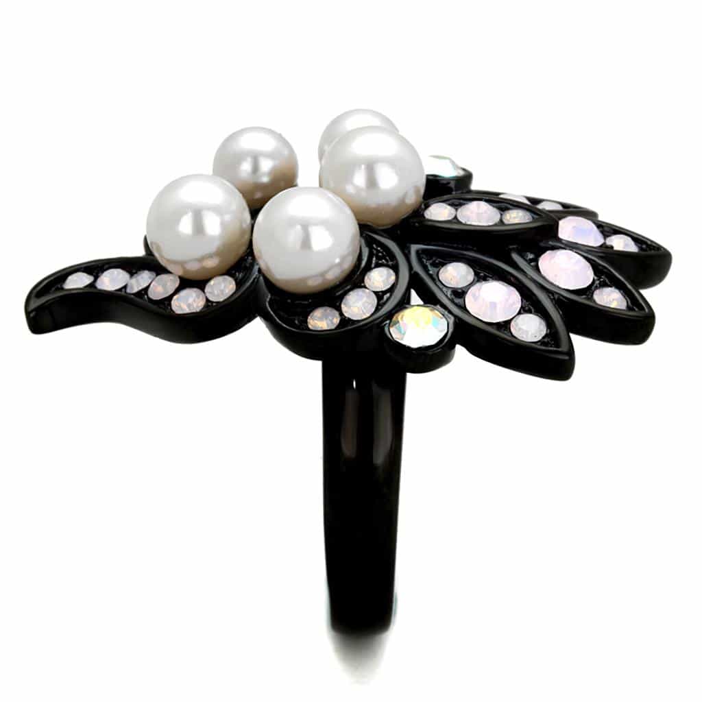 Stainless Steel Black IP Pearl Opal Leaf Cluster Ring view 4