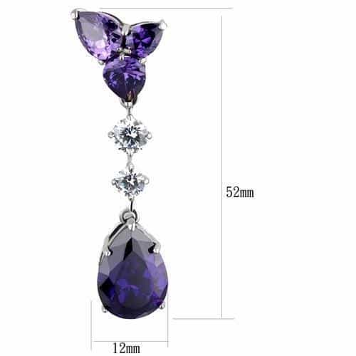 Stainless Steel Amethyst Purple Pear Trillion CZ Drop Earrings view 2