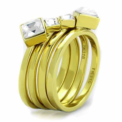 Stainless Steel Gold IP CZ Square Trio Stacking Band Set Ring view 8