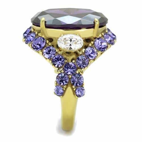 Stainless Steel Gold IP Amethyst Oval Purple Crystal Cluster Ring view 8