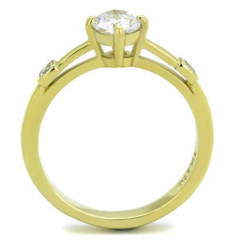 Stainless Steel Gold IP CZ Round Solitaire Princess Side Ring view 3