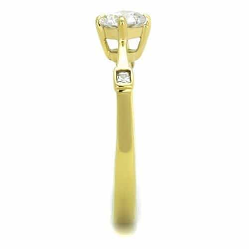 Stainless Steel Gold IP CZ Round Solitaire Princess Side Ring view 4