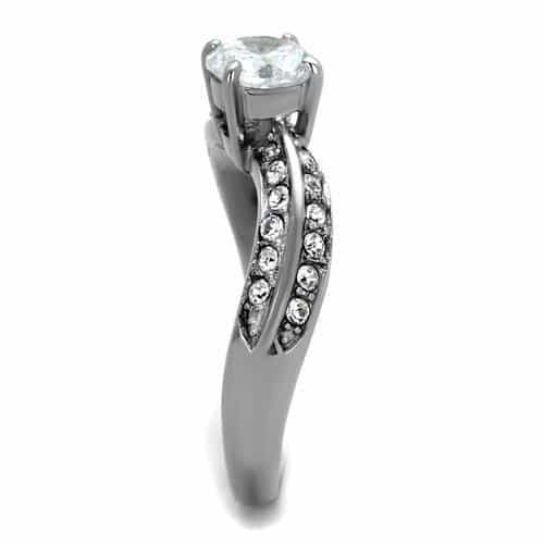 Stainless Steel CZ Round Solitaire Pave Wing Shoulders Ring view 4