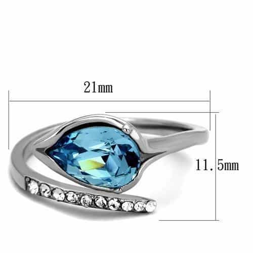 Stainless Steel Light Blue Aqua Oval Sideways CZ Pave Bypass Ring view 6