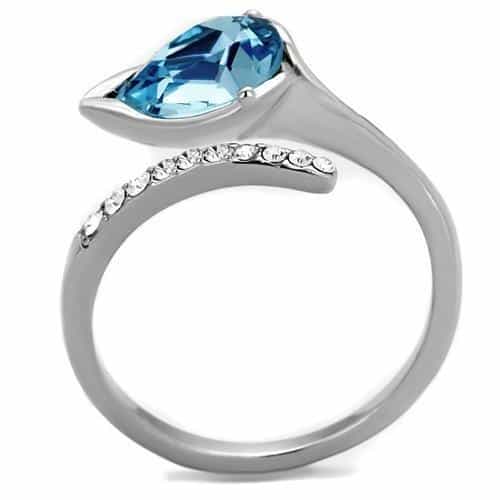 Stainless Steel Light Blue Aqua Oval Sideways CZ Pave Bypass Ring view 3