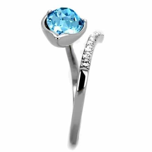 Stainless Steel Light Blue Aqua Oval Sideways CZ Pave Bypass Ring view 8