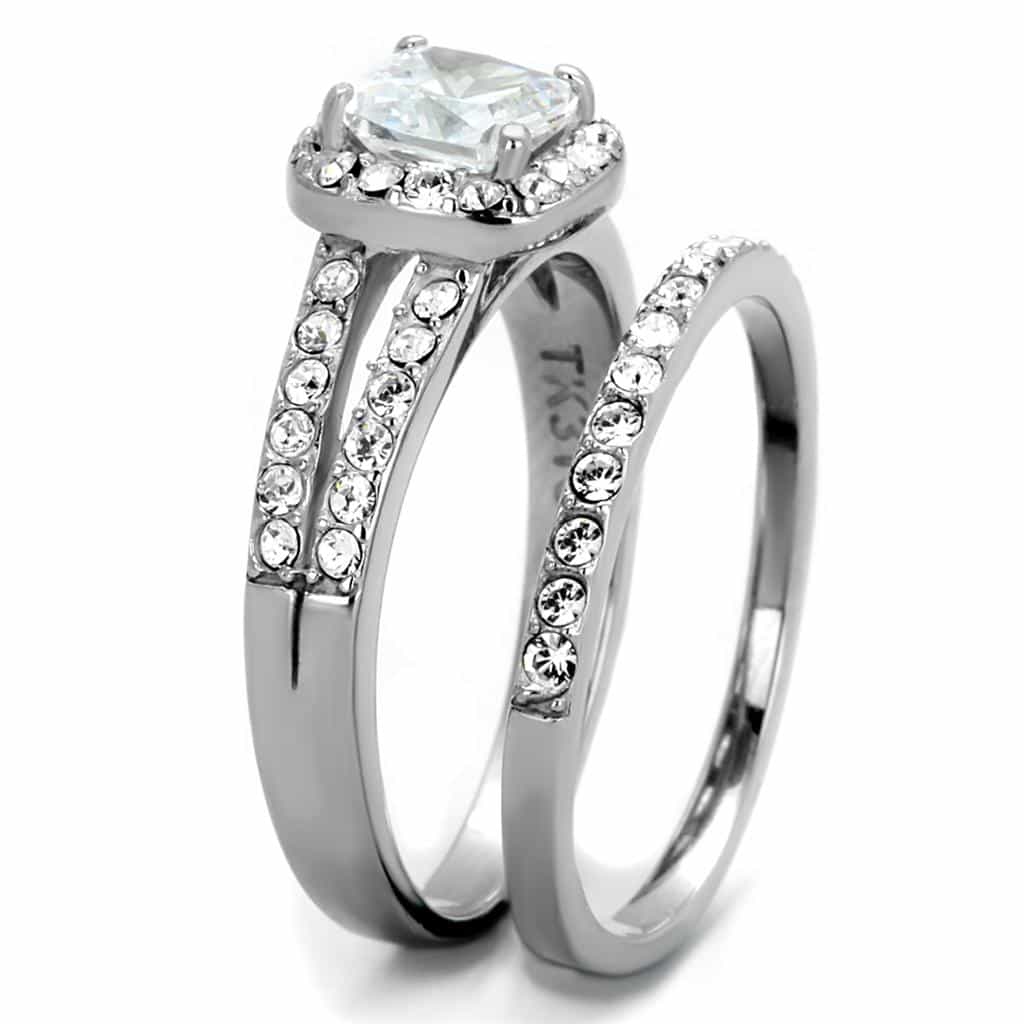 Stainless Steel CZ Princess Halo Pave Bridal Set Ring view 8