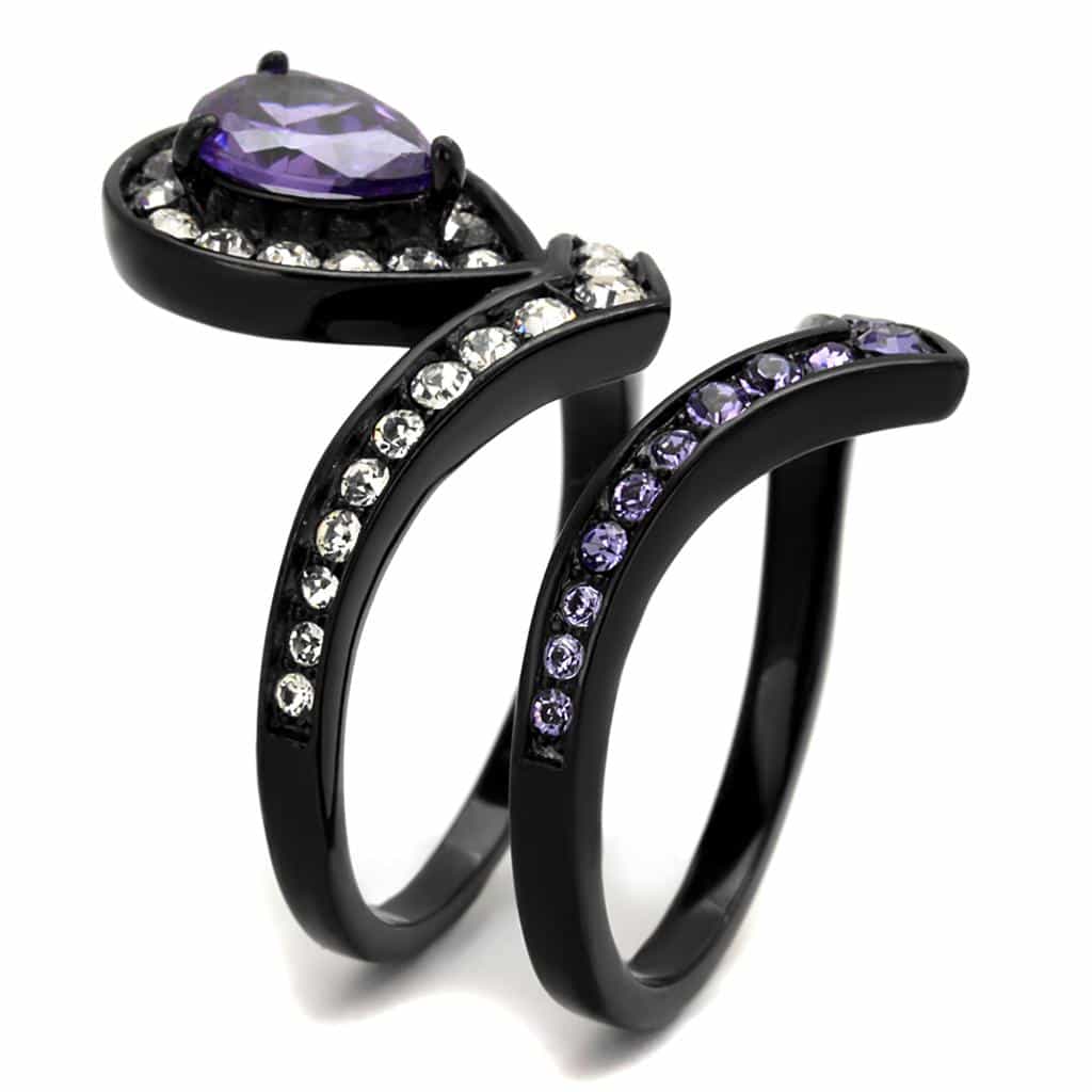 Stainless Steel Amethyst Pear Halo Chevron Black Ring view 8
