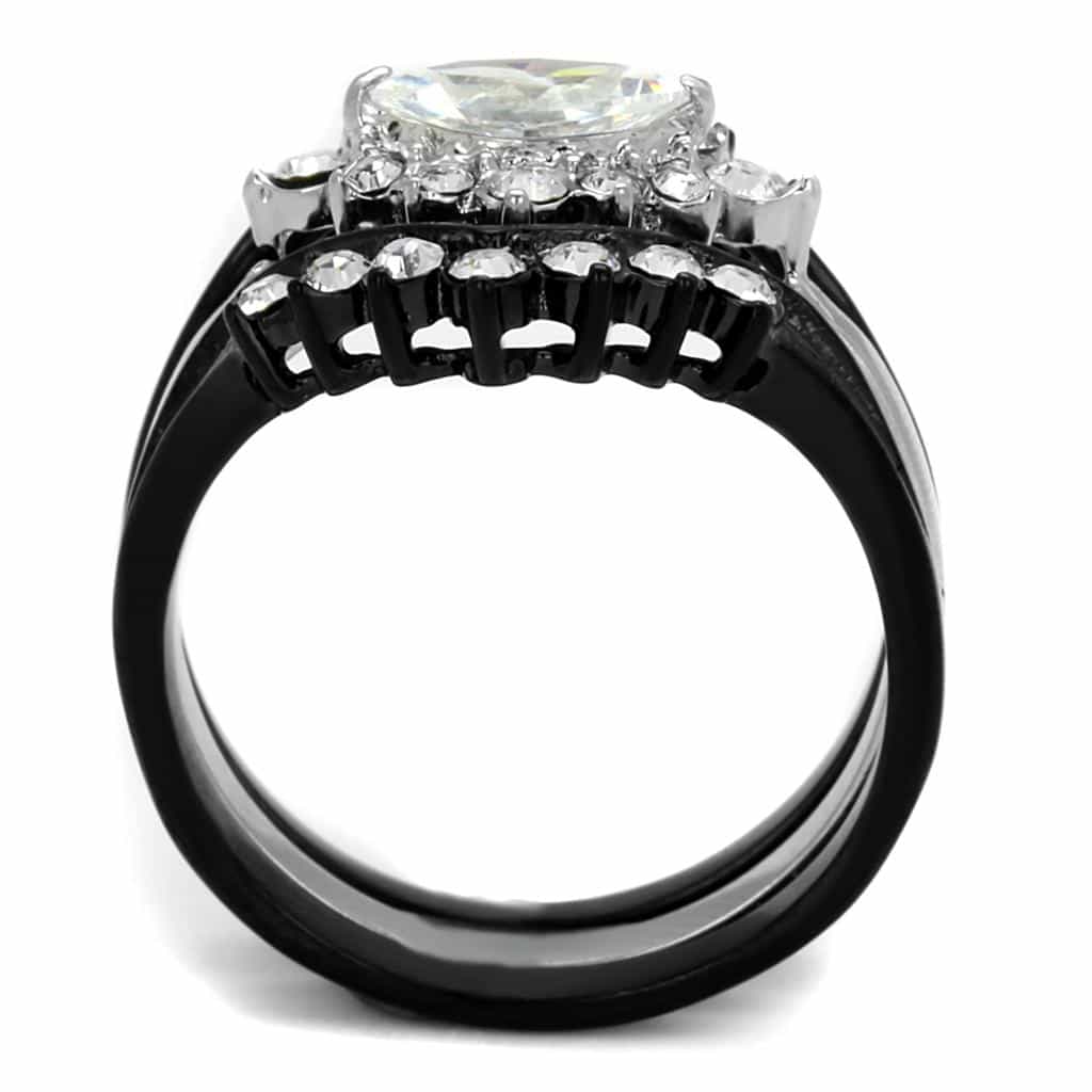 Stainless Steel CZ Oval Star Halo Pave Bridal Set Ring view 3