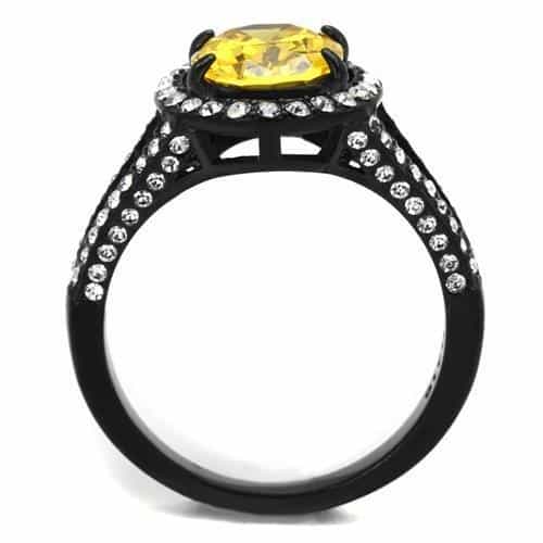 Stainless Steel Black IP Yellow Citrine Oval CZ Halo Pave Ring view 3