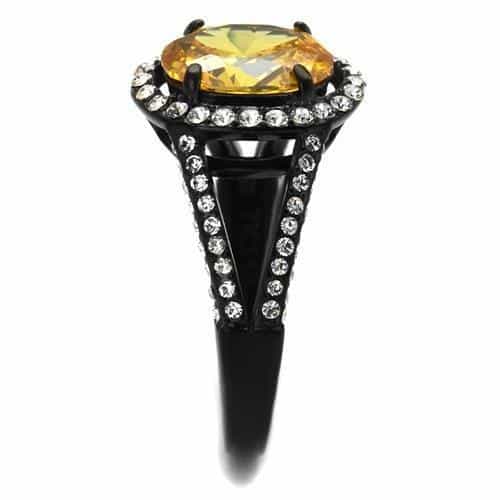 Stainless Steel Black IP Yellow Citrine Oval CZ Halo Pave Ring view 8