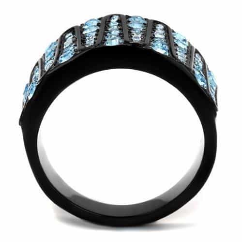 Stainless Steel Black IP Light Blue Aqua CZ Multi Row Wide Ring view 7