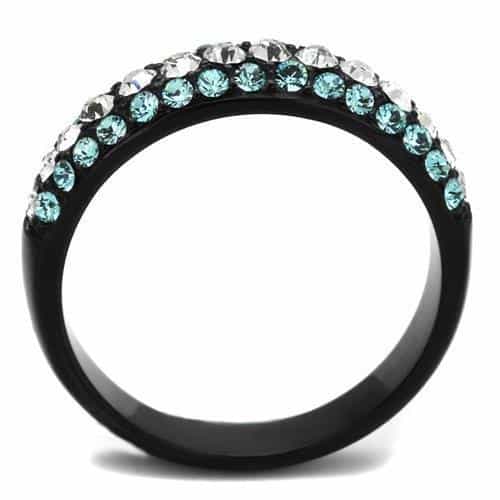 Stainless Steel Black IP Aqua Blue Clear CZ Triple Row Ring view 3