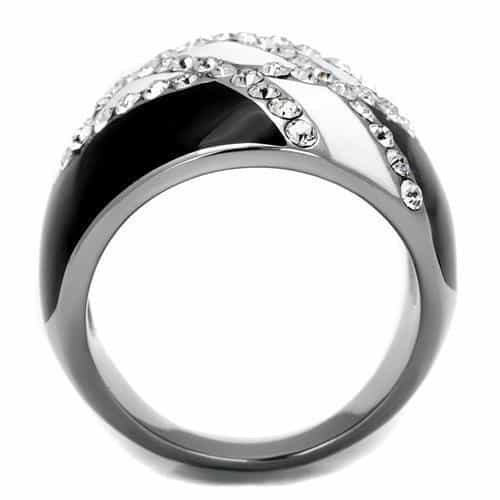 Stainless Steel Black IP White CZ V Chevron Pave Dome Ring view 3