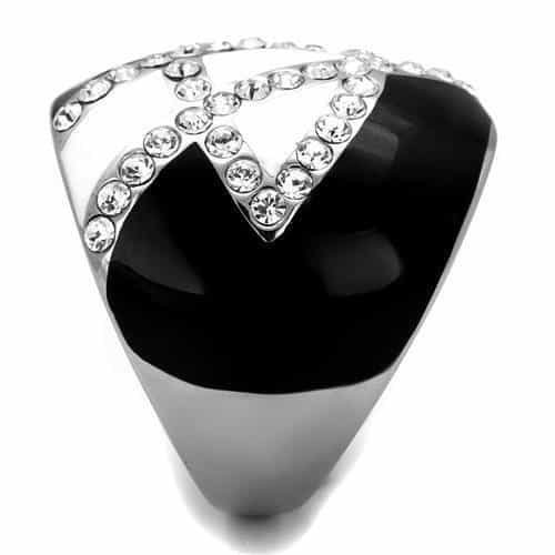 Stainless Steel Black IP White CZ V Chevron Pave Dome Ring view 4