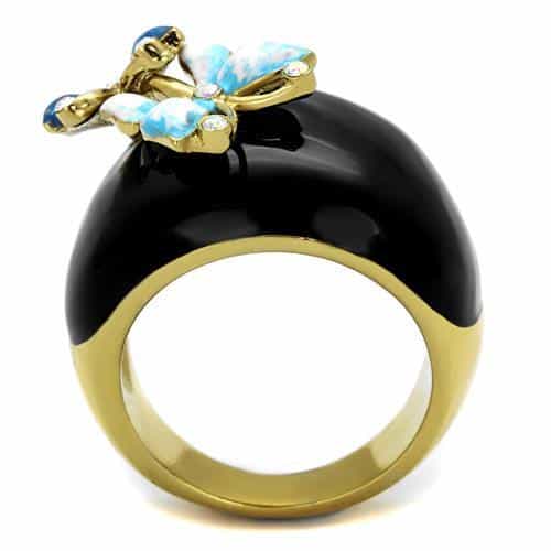 Stainless Steel Black IP Gold Butterfly Enamel CZ Dome Ring view 3