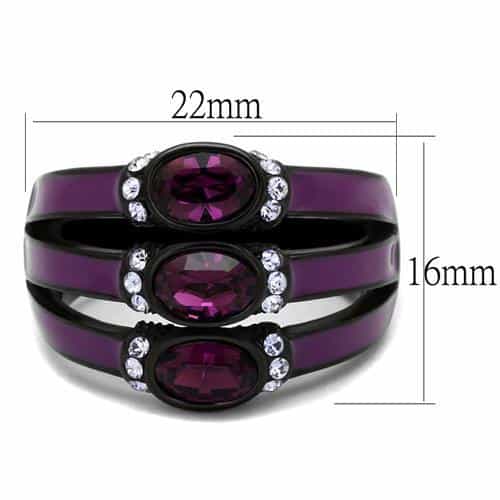 Stainless Steel Purple Amethyst Oval CZ Stripe Dome Black IP Ring view 2