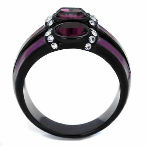 Stainless Steel Purple Amethyst Oval CZ Stripe Dome Black IP Ring view 3