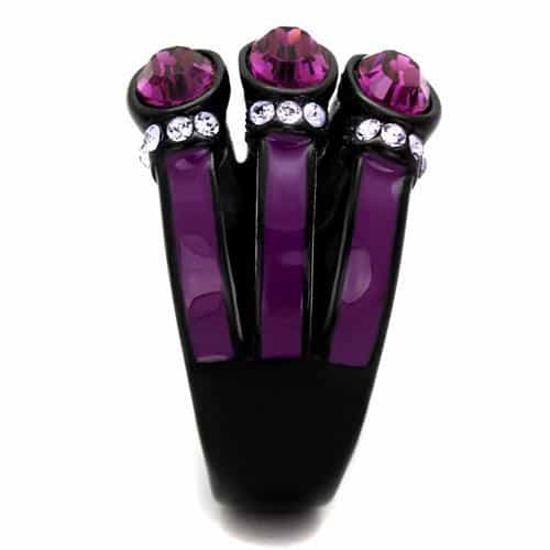 Stainless Steel Purple Amethyst Oval CZ Stripe Dome Black IP Ring view 4