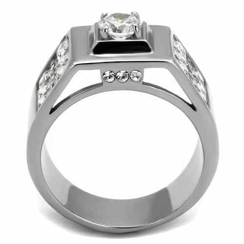 Stainless Steel CZ Round Square Bezel Pave Wide Mens Signet Ring view 7