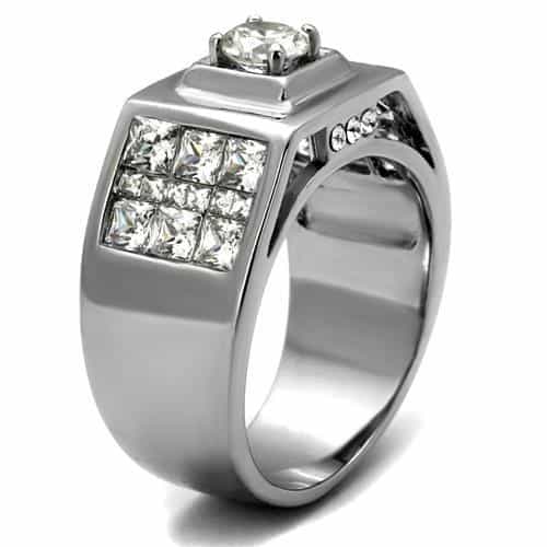 Stainless Steel CZ Round Square Bezel Pave Wide Mens Signet Ring view 8