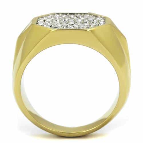 Stainless Steel Gold IP CZ Pave Hexagonal Dome Mens Signet Ring view 3