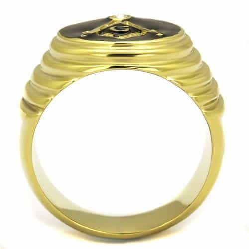 Stainless Steel Gold IP Masonic Compass Ribbed Dome Signet Ring view 7