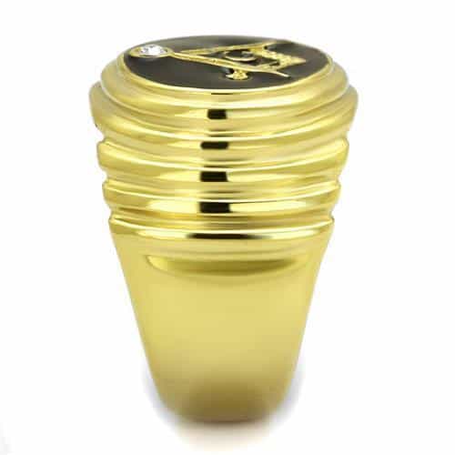 Stainless Steel Gold IP Masonic Compass Ribbed Dome Signet Ring view 8