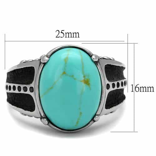 Stainless Steel Turquoise Oval Cabochon Textured Mens Signet Ring view 6