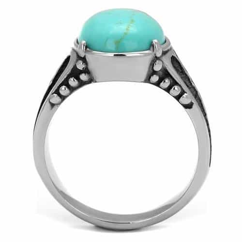 Stainless Steel Turquoise Oval Cabochon Textured Mens Signet Ring view 7