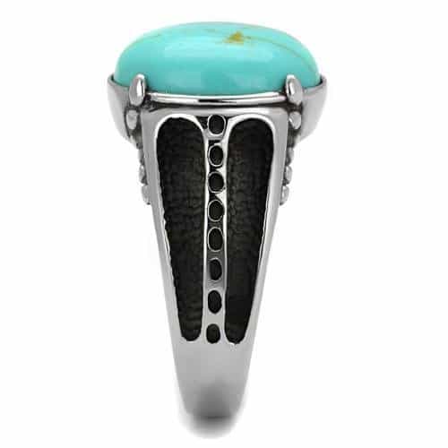 Stainless Steel Turquoise Oval Cabochon Textured Mens Signet Ring view 8