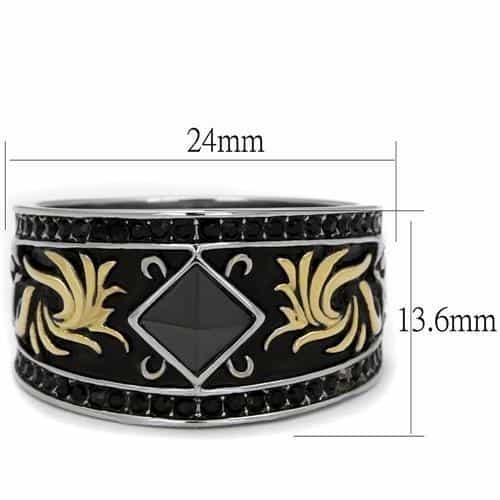 Stainless Steel Gold Black Enamel Fleur De Lis Onyx Diamond Ring view 6