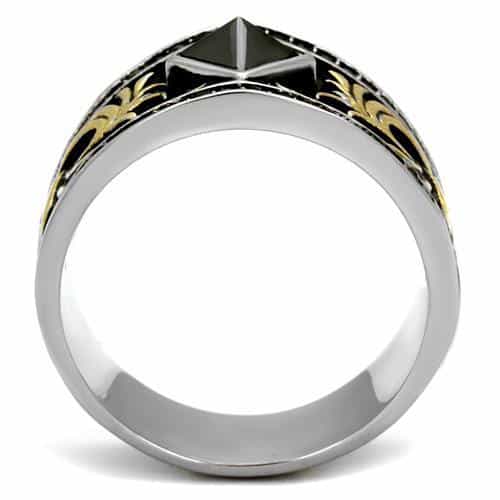 Stainless Steel Gold Black Enamel Fleur De Lis Onyx Diamond Ring view 7
