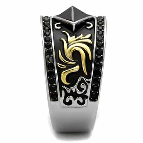 Stainless Steel Gold Black Enamel Fleur De Lis Onyx Diamond Ring view 8