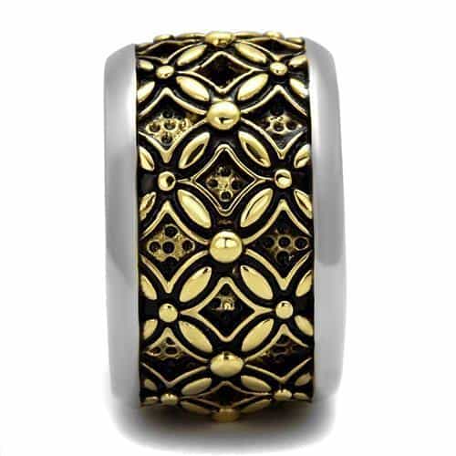 Stainless Steel Two Tone Gold Ornate Floral Cross Wide Band Ring view 8