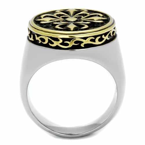 Stainless Steel Gold Fleur De Lis Enamel Round Signet Ring view 7