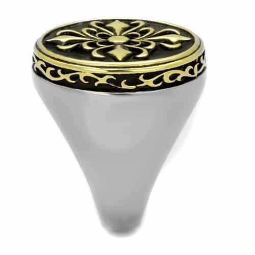 Stainless Steel Gold Fleur De Lis Enamel Round Signet Ring view 8